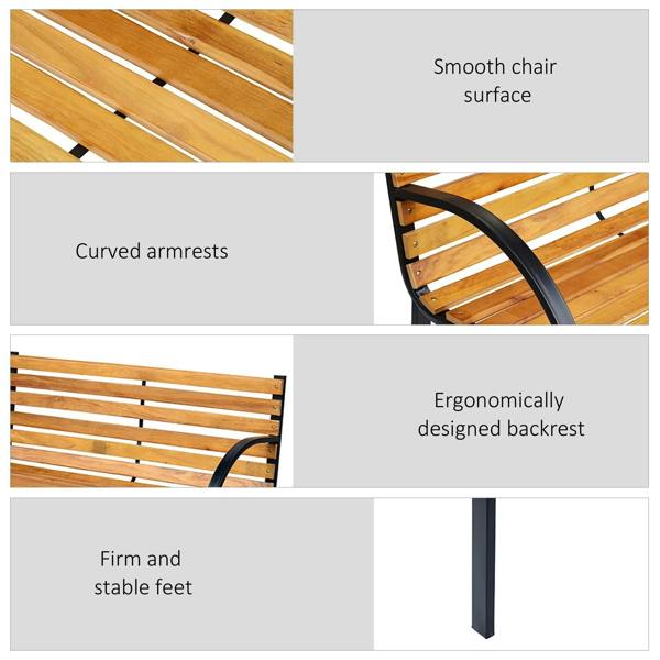 2-seat garden bench details: smooth wood slats, curved armrests, backrest design