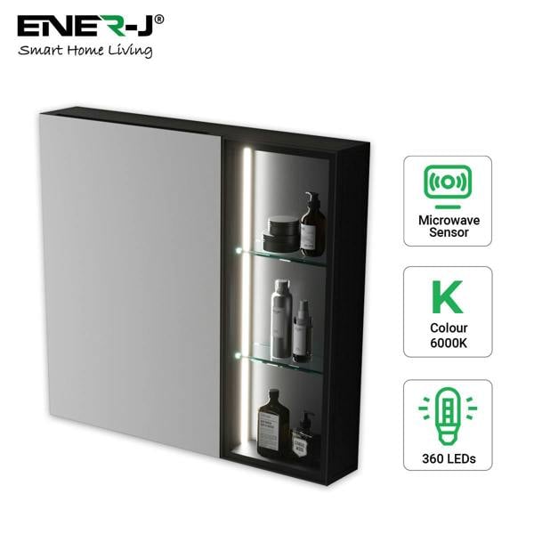 ENER-J Black Aluminum LED Mirror Cabinet - Sleek Rectangular Design, 75x68 cm