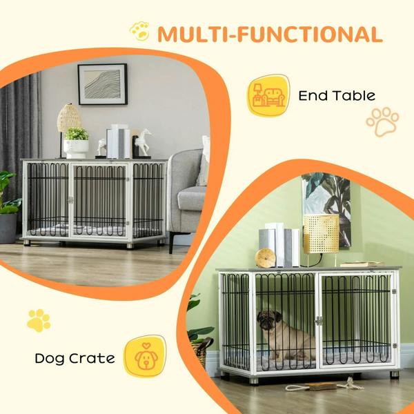 Multi-functional indoor dog crate end table with lockable doors and grey cushion