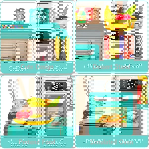 deAO Toys Kitchen Playset Green Kitchen Playset with Realistic Lights and Sounds, Simulated Spray Function