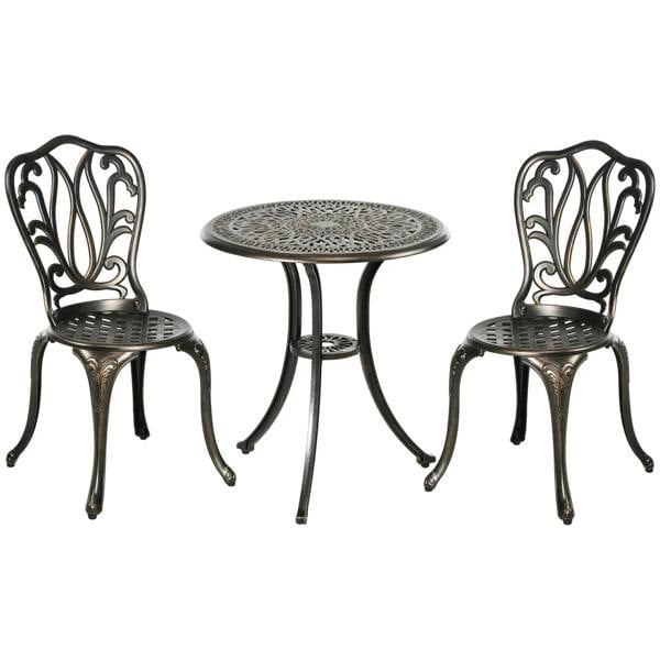 Bronze-tone bistro set: round perforated tabletop with two ornate chairs