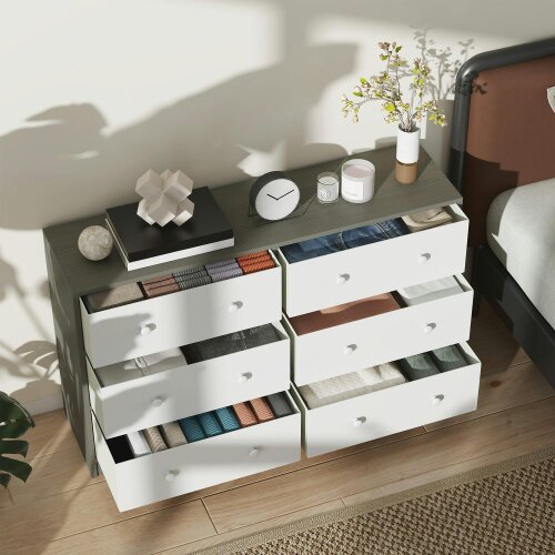 Wyld Haus Nafiso Fabric And Wood White And Grey 6 Drawer Storage Dresser