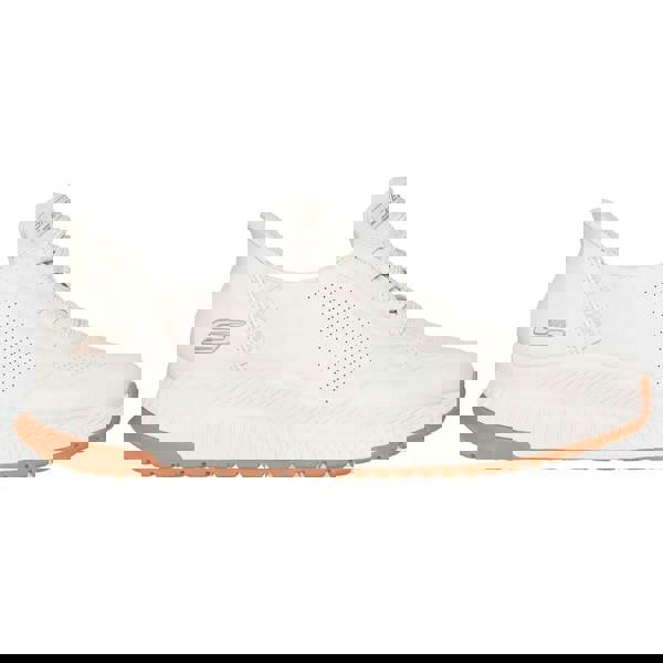 Skechers Bobs Squad 4 Key Lock Womens Slip Ins Trainers, white sneaker with perforated detail and tan rubber sole.