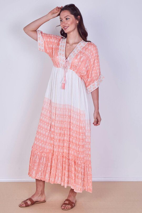 Boho Embroidered Maxi Dress with Tassel Tie – One Size (UK 8–14)