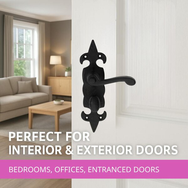 EDH Door Hardware Black Cast Iron Fleur-de-Lys Bathroom Door Handles – Antique Privacy Lever Set