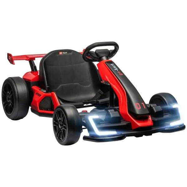 Red electric kids go-kart with black adjustable seat and blue LED headlights