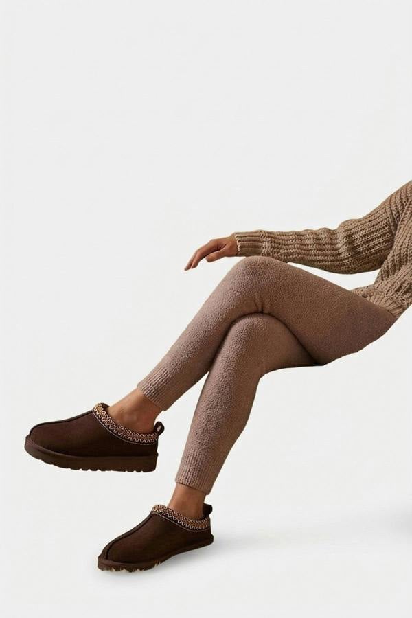 Ravina Chunky Slip On Suede Slippers With Stitch Detail - Brown_wb