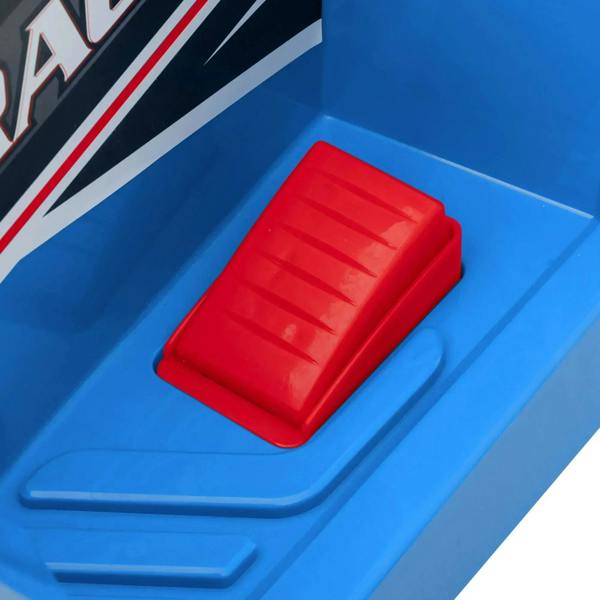 Blue quad bike bed with red removable tray and molded storage surface