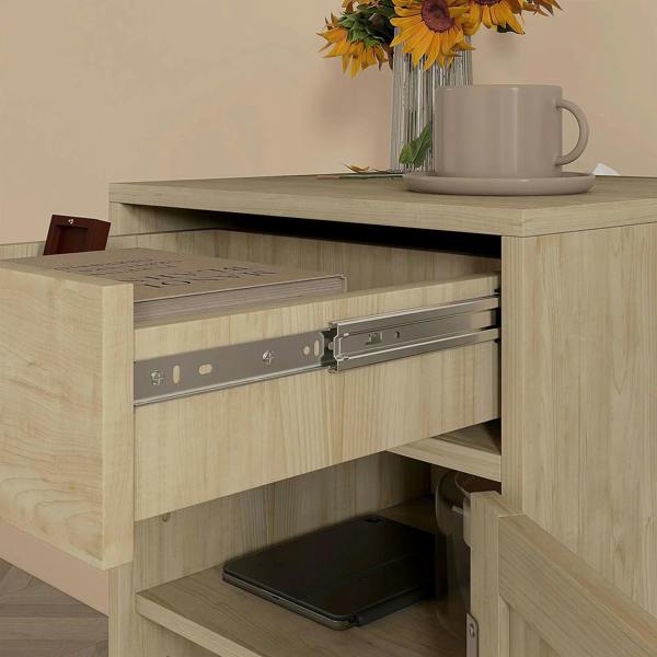 Natural wood side cabinet with open door, built-in shelf, and drawer slide hardware.