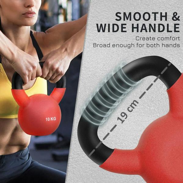 Red 10 kg soft kettlebell with wide smooth black handle, side angle