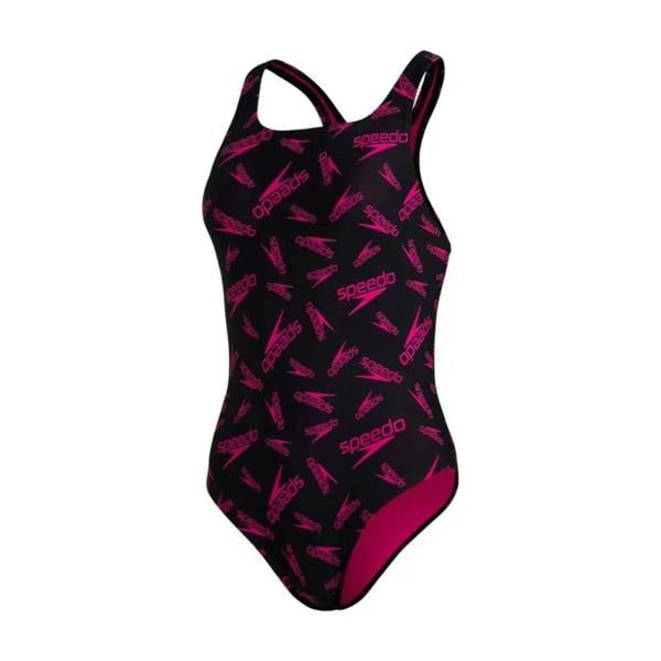 Pink Speedo Boom Logo Allover Medalist swimsuit with black graphic