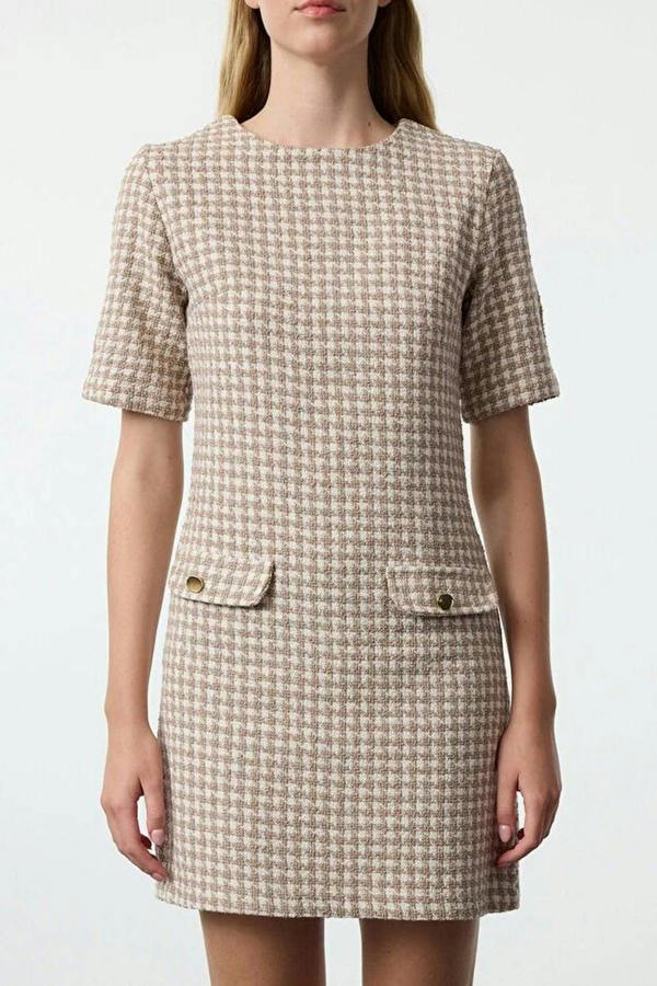 WOVCOR Straight Cut Tweed Woven Dress with Button Detail