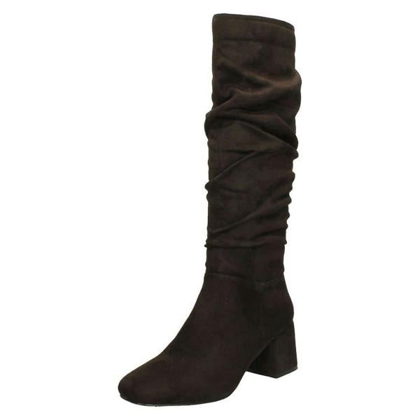 Spot On Ladies Spot On Rouched Mid Block Heel Knee High Boots F51242