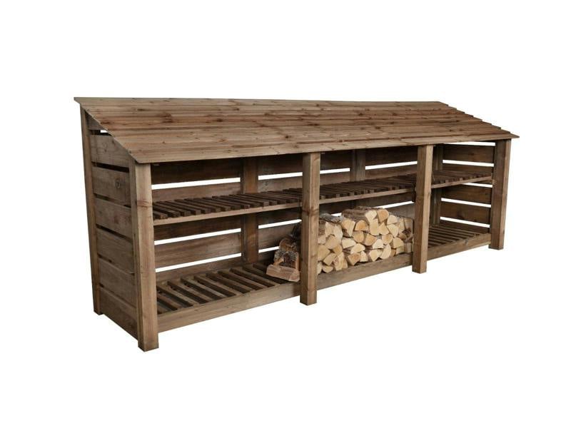 Arbor Garden Solutions Slatted Wooden Log Store with Shelf W-335cm, H-126cm or 180cm, D-88cm - Brown Finish