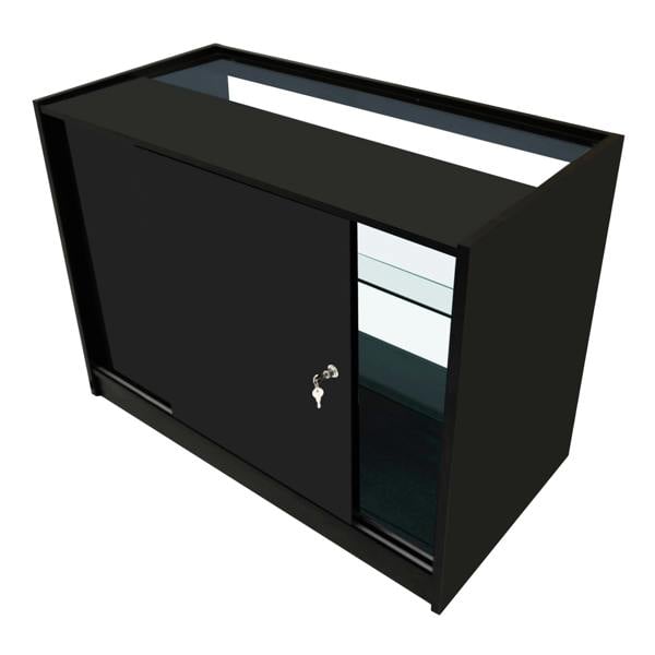 Black Aries LED shop counter set featuring a sleek design, sliding door, glass shelves, and illuminated display area for products
