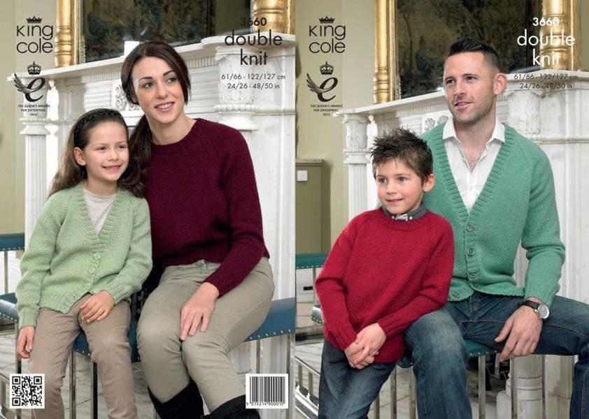 King Cole Merino Knitting Pattern 3660, Cardigans, Sweaters for Kids, Men, Women, 24 - 50 Inches - Easy