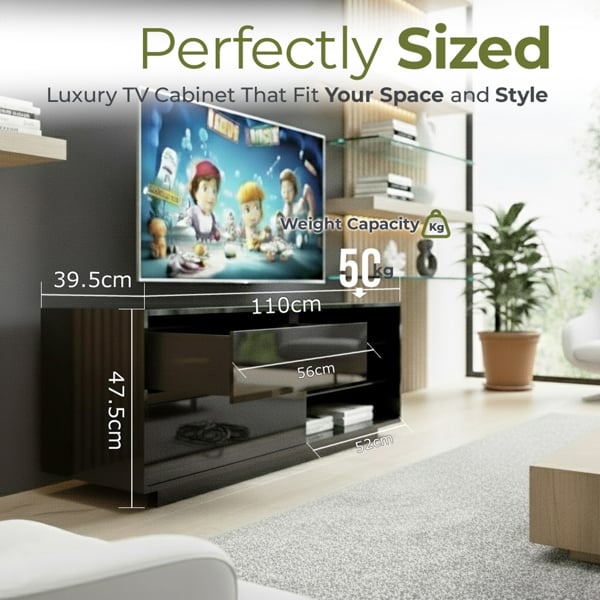 Centurion Supports Gallus Gloss Black with 2-Black Drawers and 3-Shelf 32"-55" LED/LCD/Plasma Cabinet TV Stand