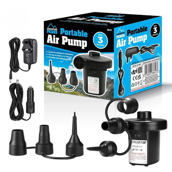 ADVENTURE PEAKS Electric Air Pump For Inflatables - Portable Airbed Pump with 3 Nozzles and 2 Chargers