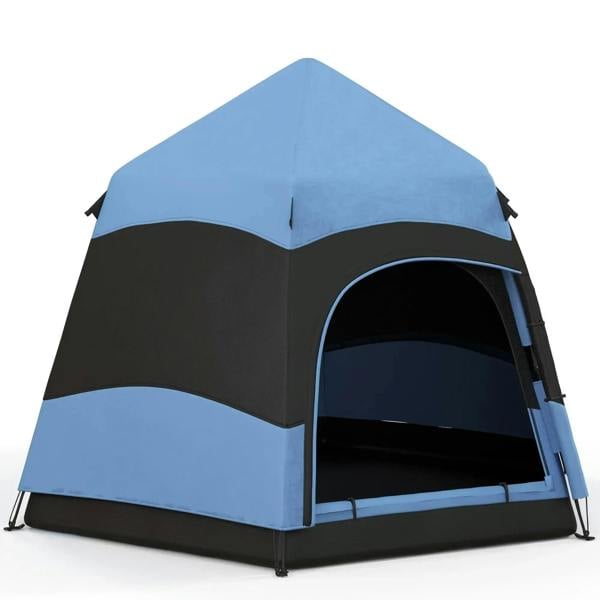 Blue hexagon camping tent with black mid-band and rounded front door opening