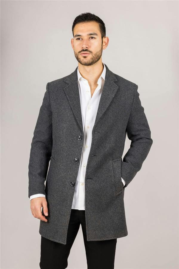 Infinity Leather Men's Notched Lapel Collar Wool Blend Grey Overcoat