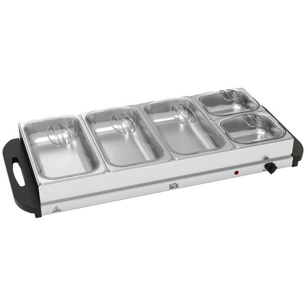 Electric food warmer buffet server with silver warming plate and 5 metal trays
