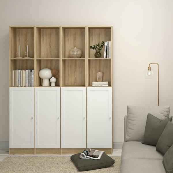 Furniture To Go Basic Tall Narrow Combination Storage Bookcase in Oak (4 Shelves) with White Door