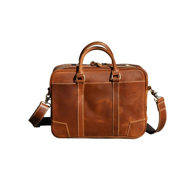 Touribag Minimalist Leather Briefcase Laptop Bag - Light Brown