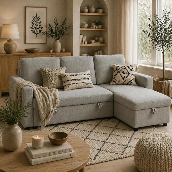 Wyld Haus Tafaha Light Grey Pull Out Sofa Bed With Storage and Side Pockets