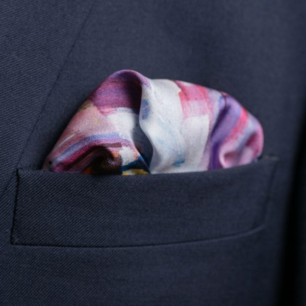 Horse racing silk pocket square in brown, green and purple by Otway & Orford folded 1