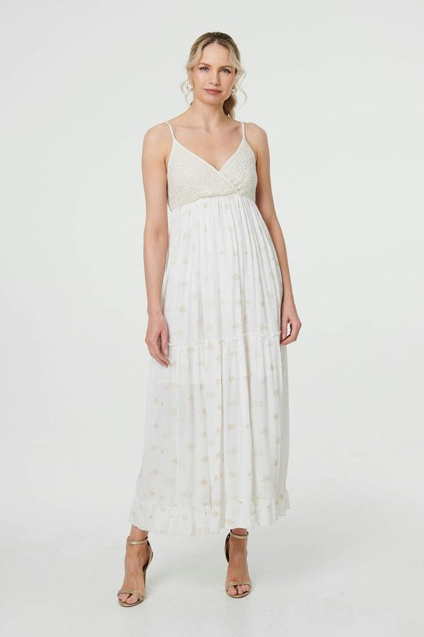 White | Textured Cami Strap Empire Maxi Dress
