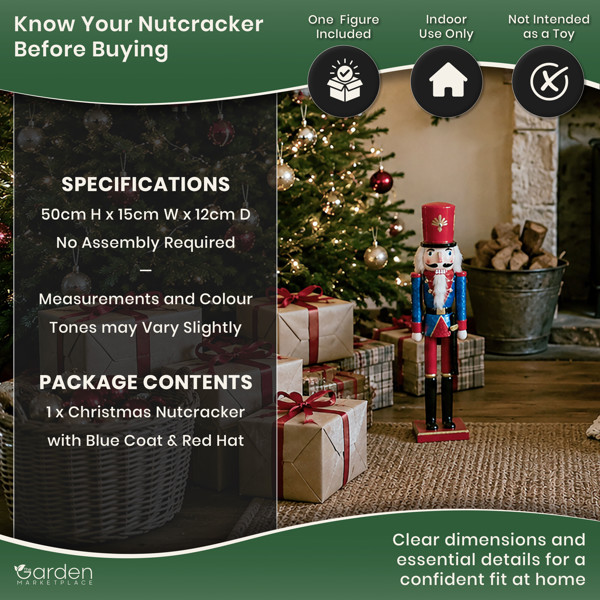 Large Christmas Nutcracker Figure 50cm Tall, Blue and Red Traditional Festive Decoration, Indoor Ornament