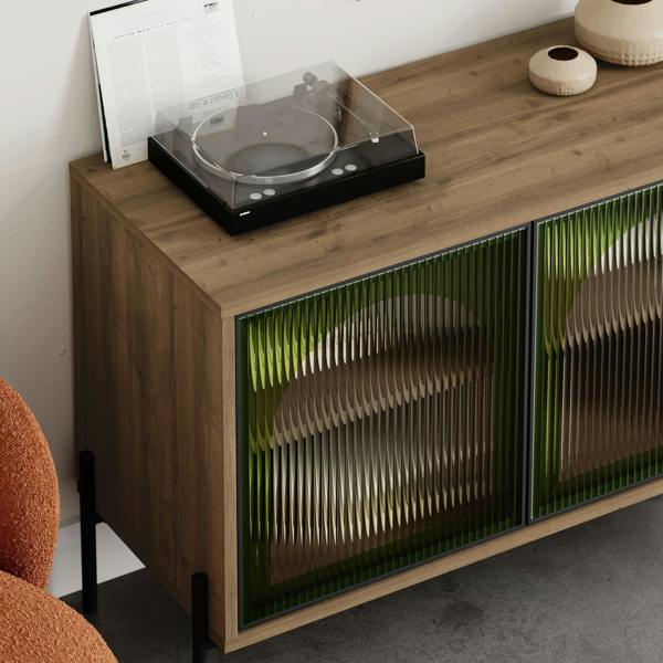 Decortie Modern Buffet Cabinet 2 Ribbed Green Glass Push-to-Open Doors Sideboard Storage Unit w/Metal Leg, Office, Dark Oak Effect