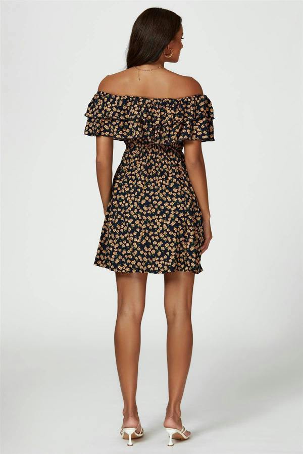 FS Collection Floral Print Bardot Frill Mini Dress In Navy