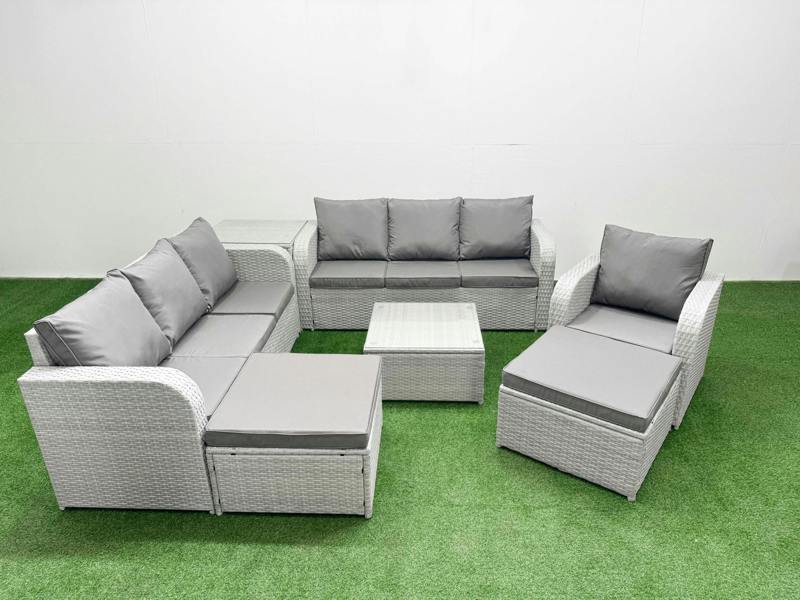 Fimous 9 Seater Wicker Patio Set, Poly Rattan, Square Coffee Table, 2x 3 Seater Sofas, Reclining Chair, 2 Big Footstools and Side Table, Light Grey