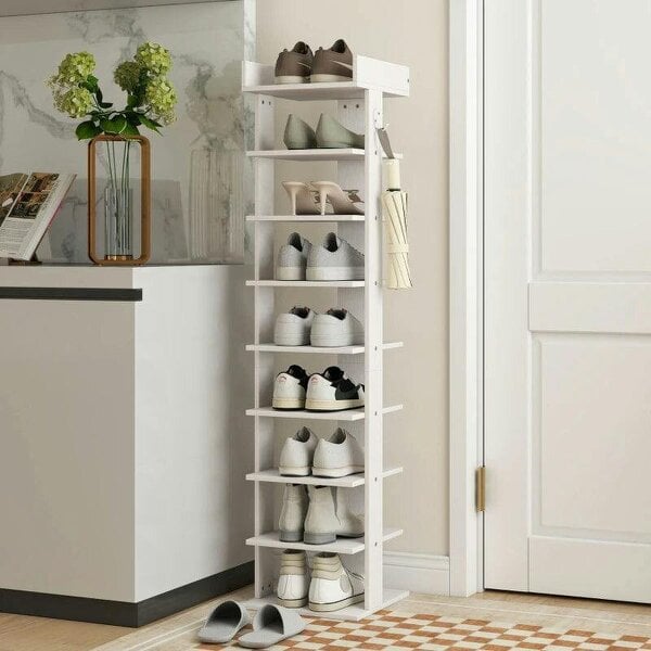 Bobobiy Shoe Rack 9-Tier Shoe Storage Organiser Top Tray Guardrail 2 Hooks 30 x 30 x 128.4 cm White - White