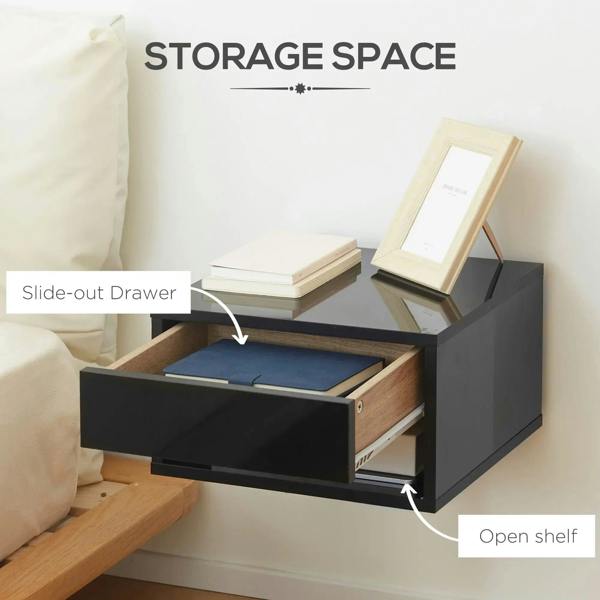 High-gloss black floating bedside table with slide-out drawer and open shelf