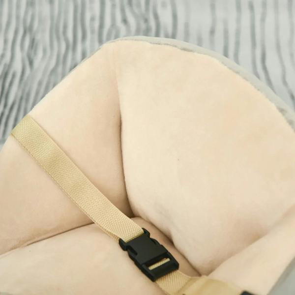 Grey plush seat cushion with beige safety belt and black buckle
