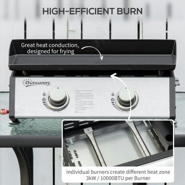 Bobobiy Gas Plancha Barbecue Grill with 2 Stainless Steel Burner, 5kW, Portable Tabletop Gas BBQ with Non-Stick Griddle for Camping Picnic Garden