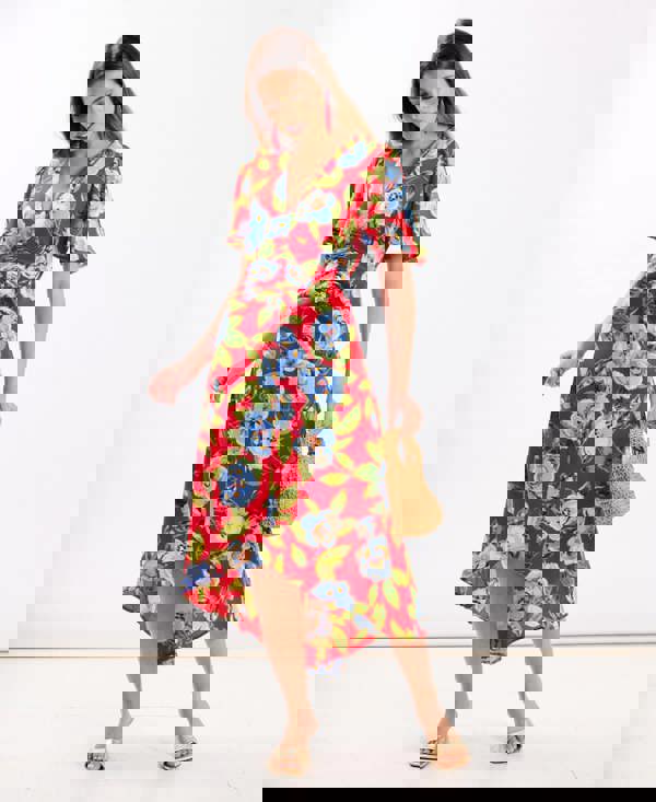 Red Oversize Floral Ruche Midi Dress