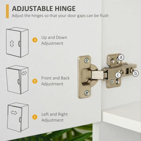 Adjustable cabinet hinge hardware on white doors for smoother alignment