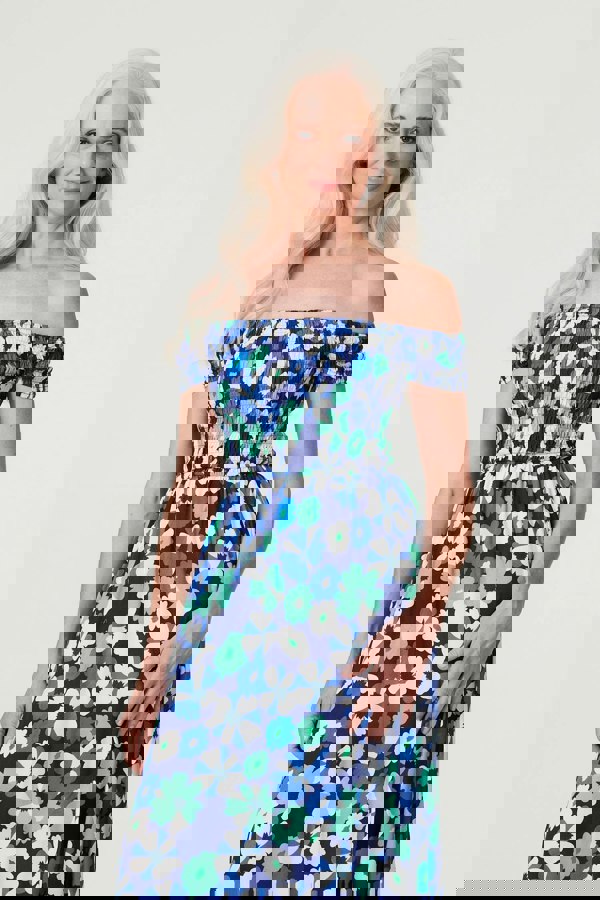 Navy | Floral Bardot Split Hem Maxi Dress