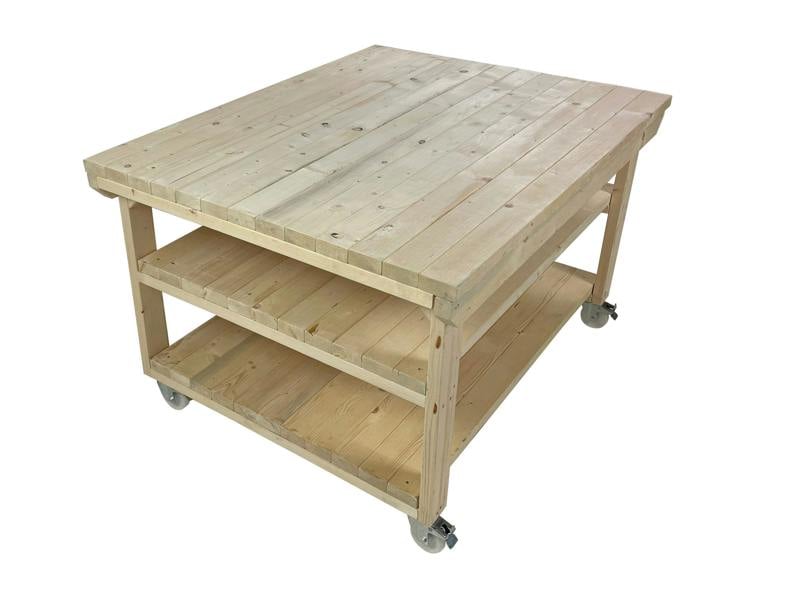 Rotem Wooden Kiln-Dry Workbench – 4ft Depth Sturdy and Durable Workstation with Wheels and Double Shelf for Extra Storage, Ideal for Garages, Workshops, and Sheds