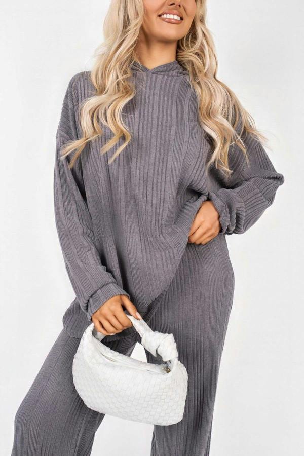 Zayana Hooded Ribbed Oversized Top And Wide Leg Lounge Co-ord Set - Charcoal