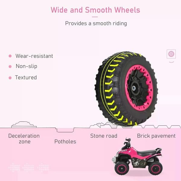 Pink ride-on motorcycle toy wheel close-up with textured non-slip tread
