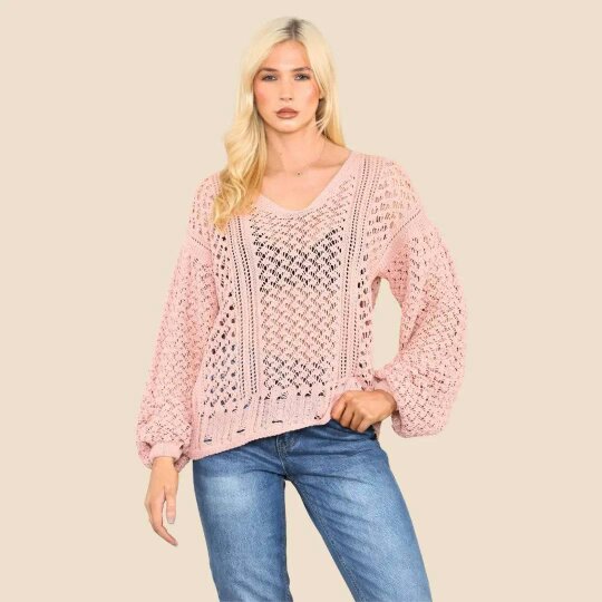 Elaina Fashion Women's Pink Open Crochet Hole Knit Jumper with Long Sleeve Cut-Out Design Blouse- Loose and Stylish Sweater Warm Top