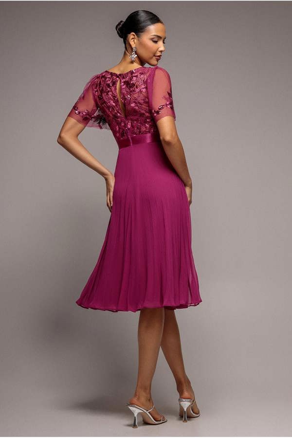 Embroidered Top Chiffon Pleated Midi - Magenta DR3802