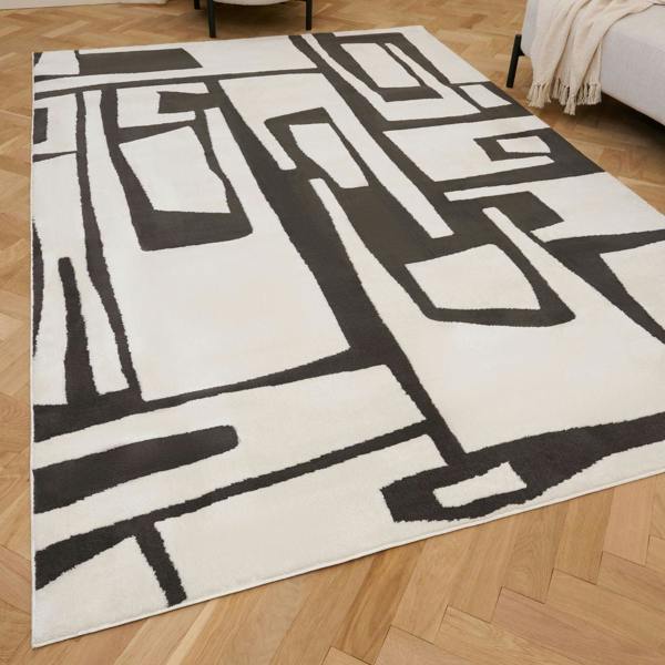 Geometric patterned rug on a wooden floor