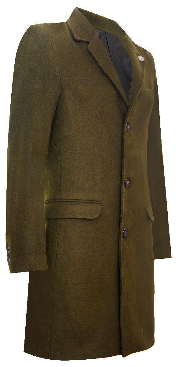 TruClothing Men's Long Olive Wool Slim Fit Overcoat