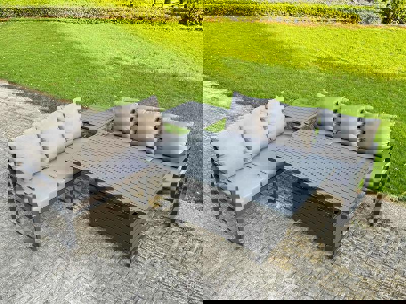 Fimous 6 Seater Aluminium Garden Furniture Set with Adjustable Rising Dining Table, 2 Sofas, Side Table - Dark Grey