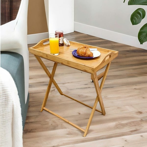 Rafaelo Mobilia Bamboo Folding Side Table With Detachable Serving Tray Brown